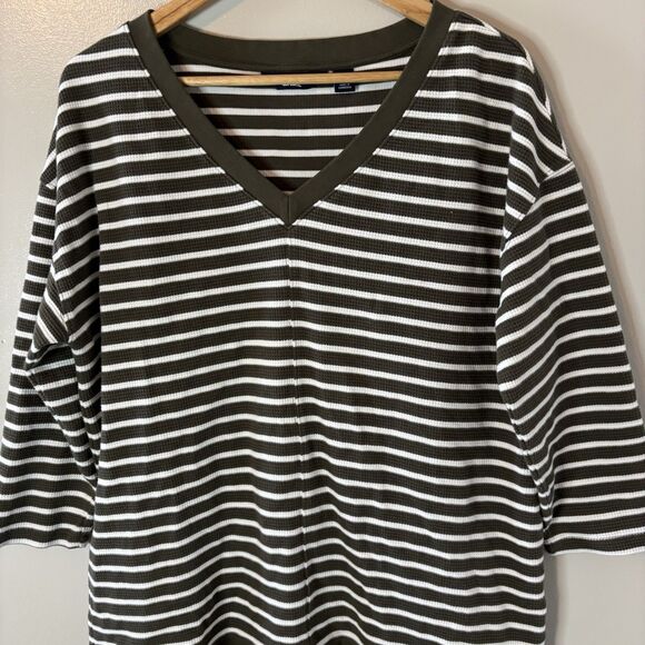 Lands End Womens Thermal Shirt Green White Stripe 3/4 Sleeve Pullover Top Large - Picture 2 of 9